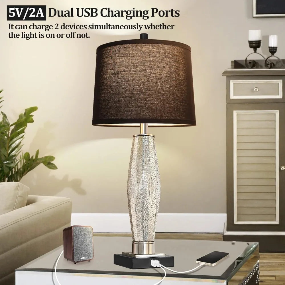 QiMH Table Lamps Set of 2, Bedroom Lamp with USB A+C Charging Ports, Modern Glass Beside Lamps for Living Room Rotary Switches,