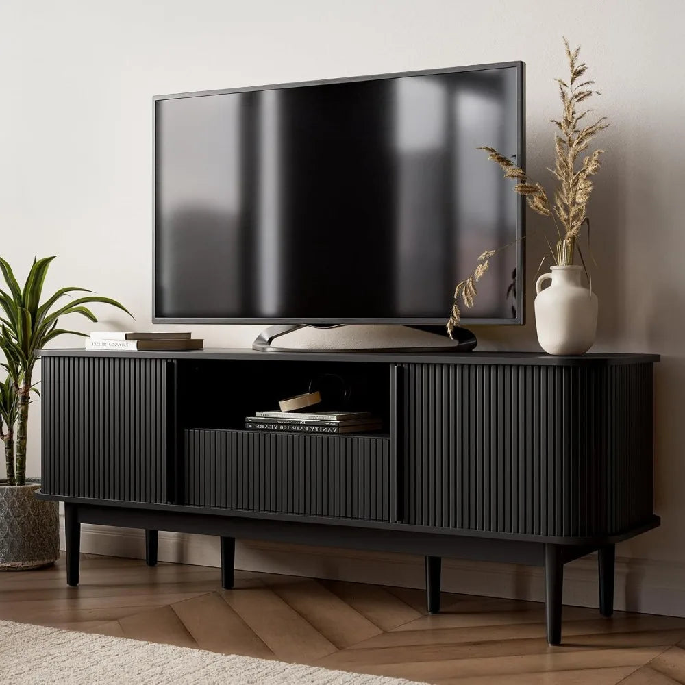 Living Room Table Sets of 2, Fluted Coffee Table & Dresser TV Stand, Coffee Table with Storage, Sliding Doors TV Stand for Bedro