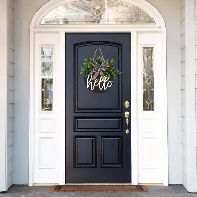 12 Inch Round Wooden Hello Welcome Sign for Front Door Farmhouse Porch Decor Spring Greeting Hanging Wall Decoration with Bows
