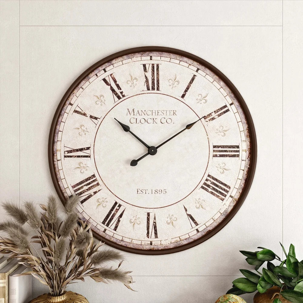 Large Round Wall Clock Dark Iron Frame Roman Numerals Fleur de Lis Design Analog Decor Perfect Living Room Home Accents 30 Inch