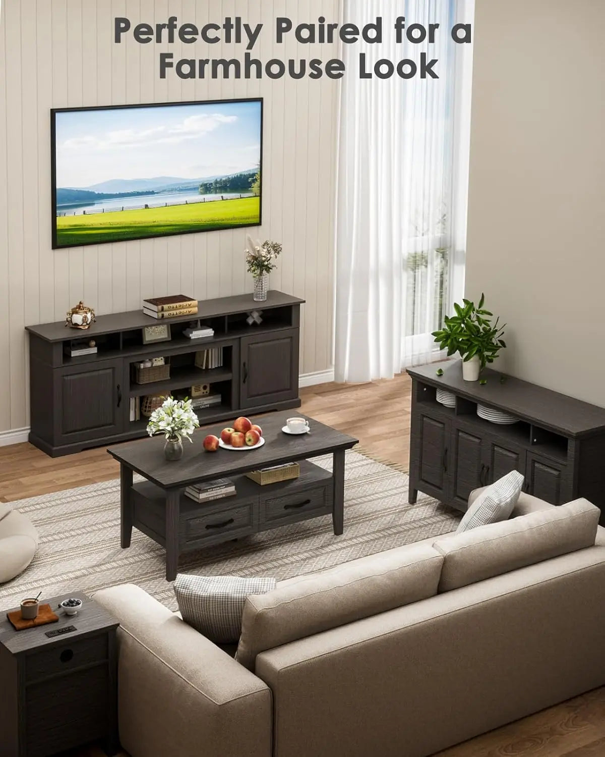 Coffee Table with Drawers, 39.4" Farmhouse Wood Coffee Table for Living Room, Featuring Open Display Shelf, Hidden Drawers, Grey
