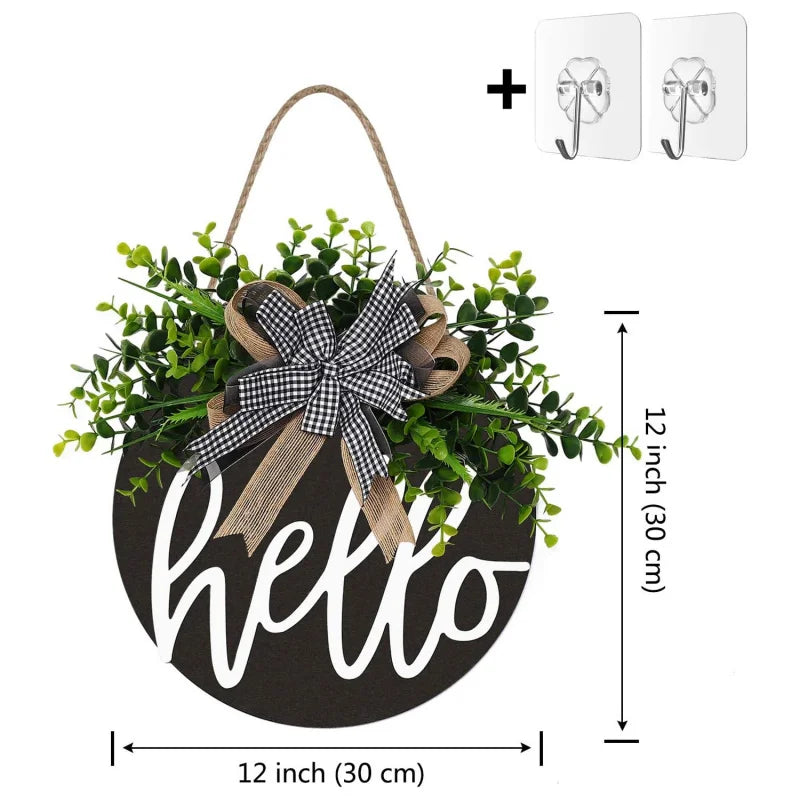 12 Inch Round Wooden Hello Welcome Sign for Front Door Farmhouse Porch Decor Spring Greeting Hanging Wall Decoration with Bows