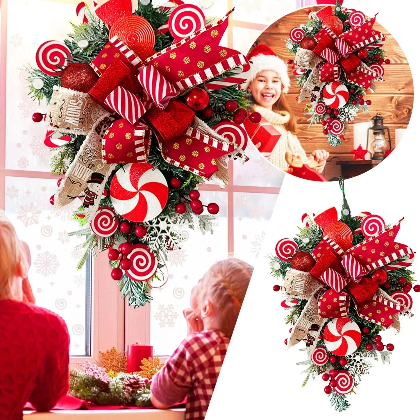 Christmas Door Wreath - Red And Candy Cane Teardrop Ornaments With Balls For Home Outdoor Decoration 3d Christmas Flower