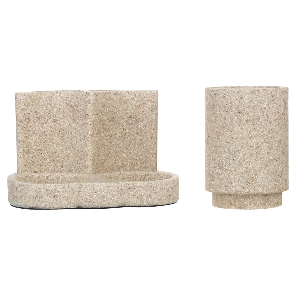 3 Piece Sandstone Bath Accessory Set Soap Pump Toothbrush Holder Tumbler Durable Resin Bathroom Organizer Essential Home Decor