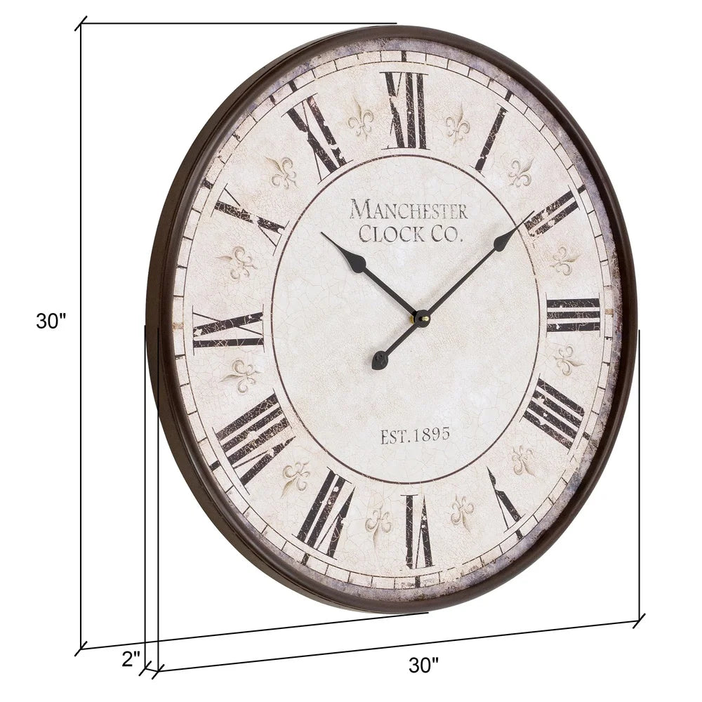 Large Round Wall Clock Dark Iron Frame Roman Numerals Fleur de Lis Design Analog Decor Perfect Living Room Home Accents 30 Inch