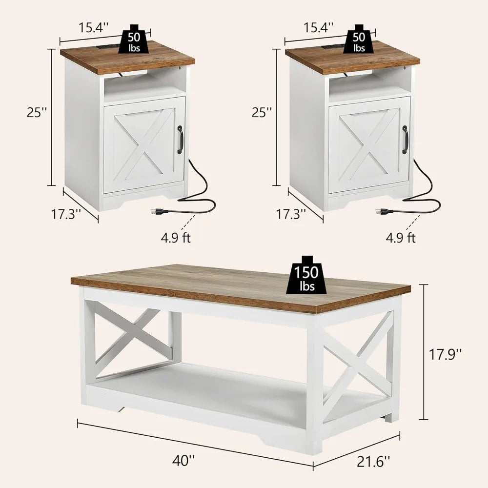 3-Piece Farmhouse Living Room Table Sets, Includes 1 x Coffee Table, 2 x End Tables with Charging Station & USB Ports