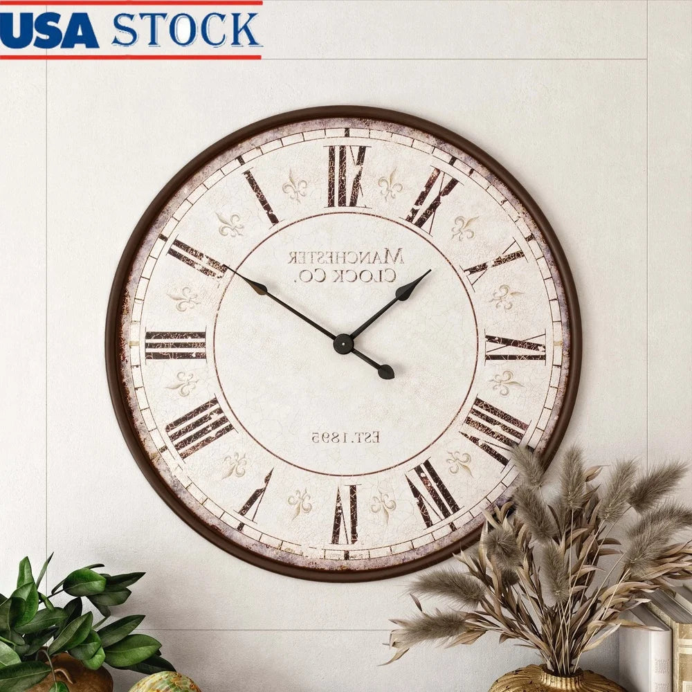 Large Round Wall Clock Dark Iron Frame Roman Numerals Fleur de Lis Design Analog Decor Perfect Living Room Home Accents 30 Inch