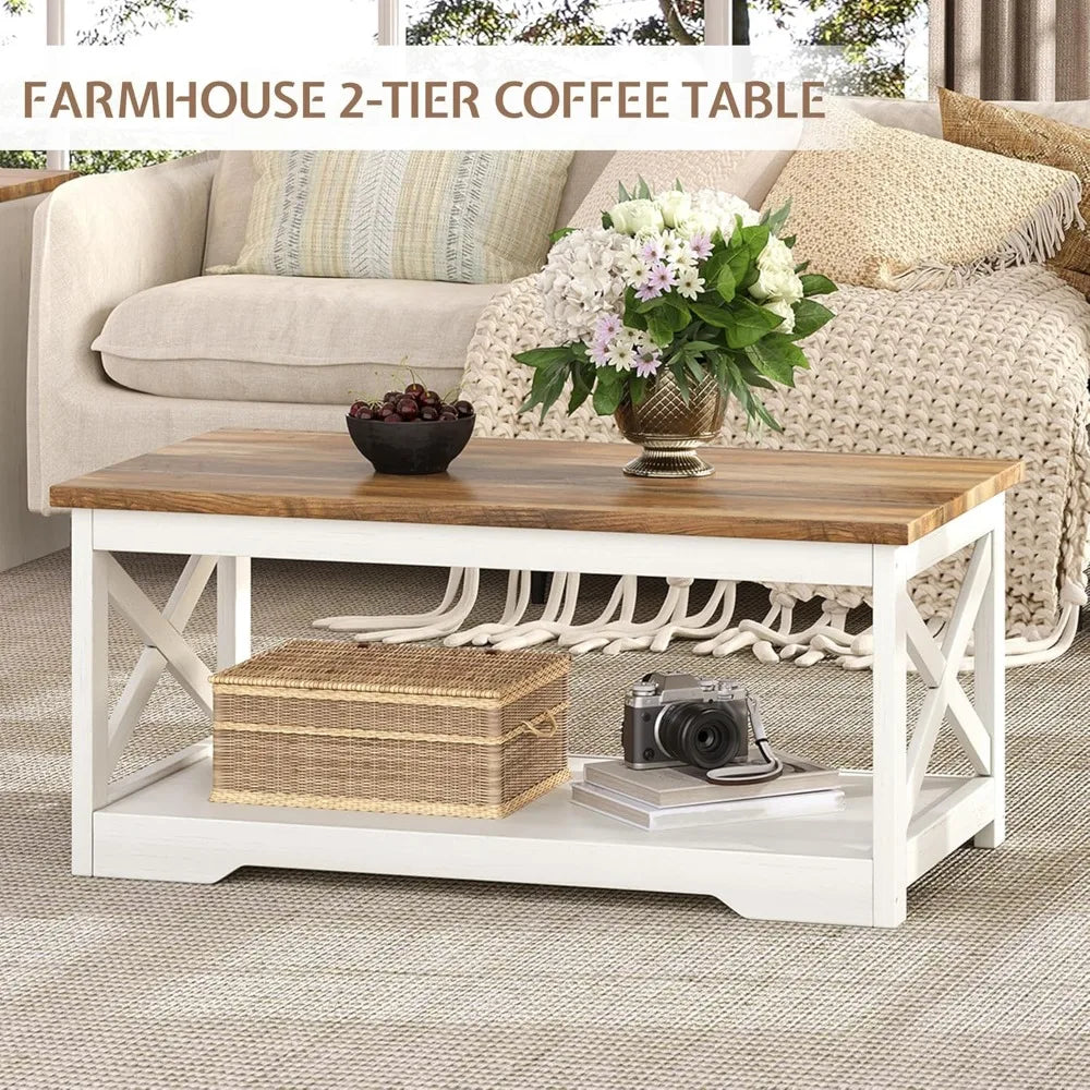 3-Piece Farmhouse Living Room Table Sets, Includes 1 x Coffee Table, 2 x End Tables with Charging Station & USB Ports