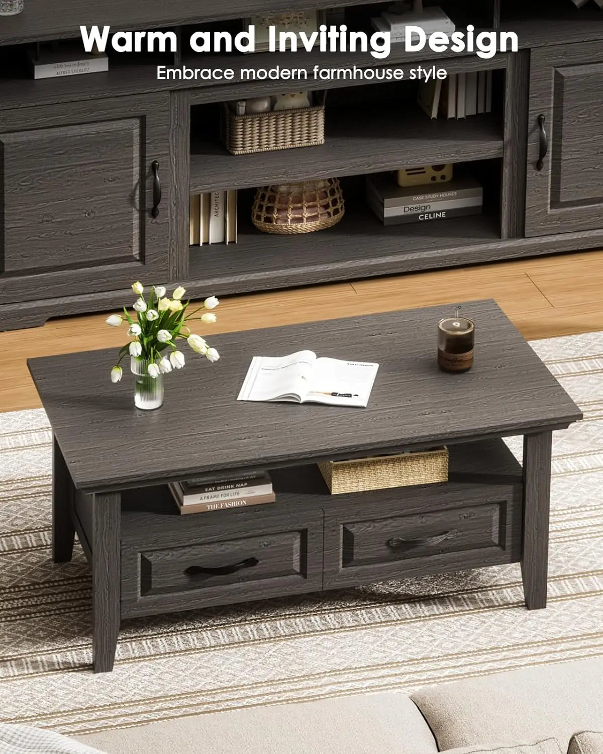 Coffee Table with Drawers, 39.4" Farmhouse Wood Coffee Table for Living Room, Featuring Open Display Shelf, Hidden Drawers, Grey
