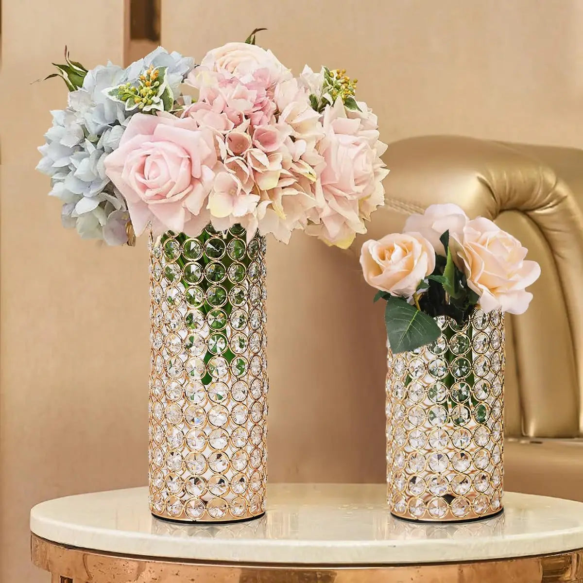 Gold Cylinder Crystal Candle Holders Hollow Flower Vase Centerpieces for Dinning Room Coffee Table Decoration Wedding