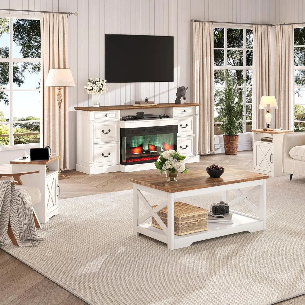 3-Piece Farmhouse Living Room Table Sets, Includes 1 x Coffee Table, 2 x End Tables with Charging Station & USB Ports