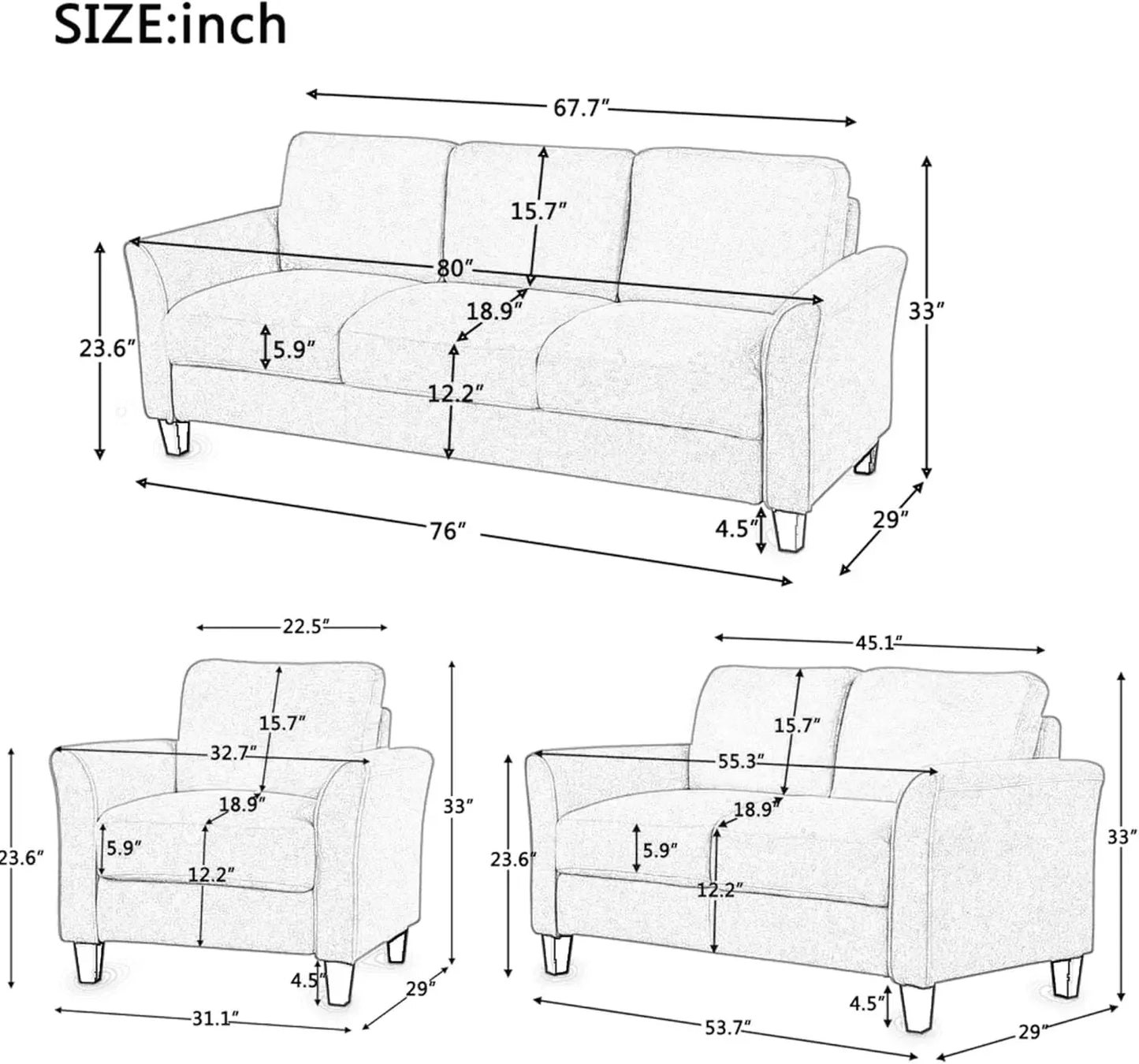 3 Piece Sectional Sofa Set Living Room Furniture Sets,3-Seat Sectional Couch