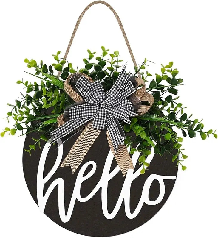 12 Inch Round Wooden Hello Welcome Sign for Front Door Farmhouse Porch Decor Spring Greeting Hanging Wall Decoration with Bows