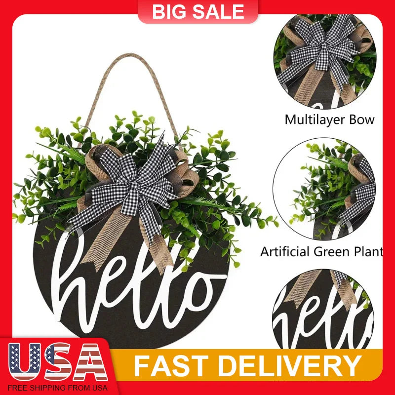 12 Inch Round Wooden Hello Welcome Sign for Front Door Farmhouse Porch Decor Spring Greeting Hanging Wall Decoration with Bows