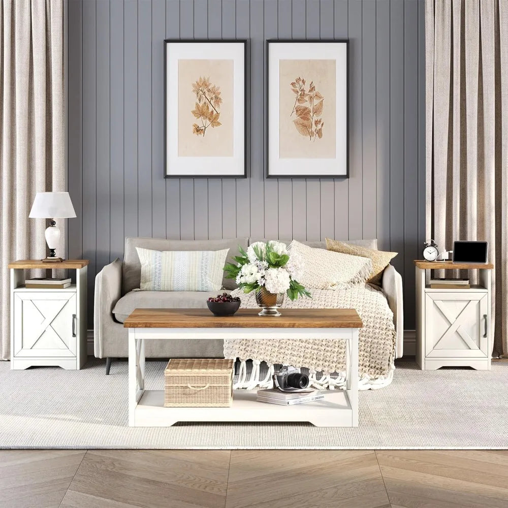 3-Piece Farmhouse Living Room Table Sets, Includes 1 x Coffee Table, 2 x End Tables with Charging Station & USB Ports