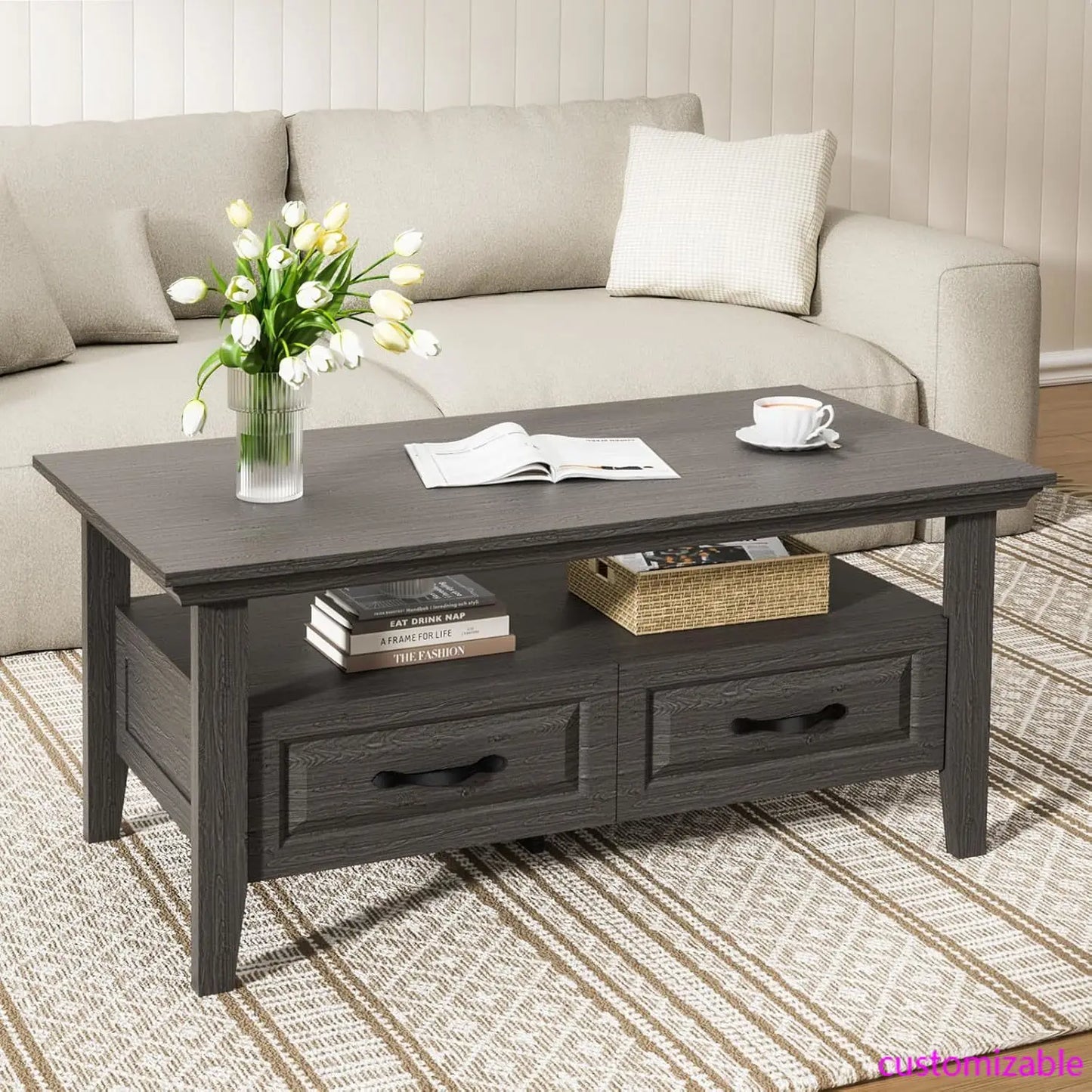 Coffee Table with Drawers, 39.4" Farmhouse Wood Coffee Table for Living Room, Featuring Open Display Shelf, Hidden Drawers, Grey