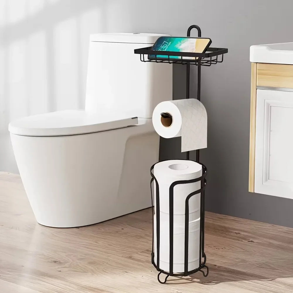 Toilet Paper Holder Stand Tissue Paper Roll Dispenser with Shelf for Bathroom Storage Holds Reserve -Black