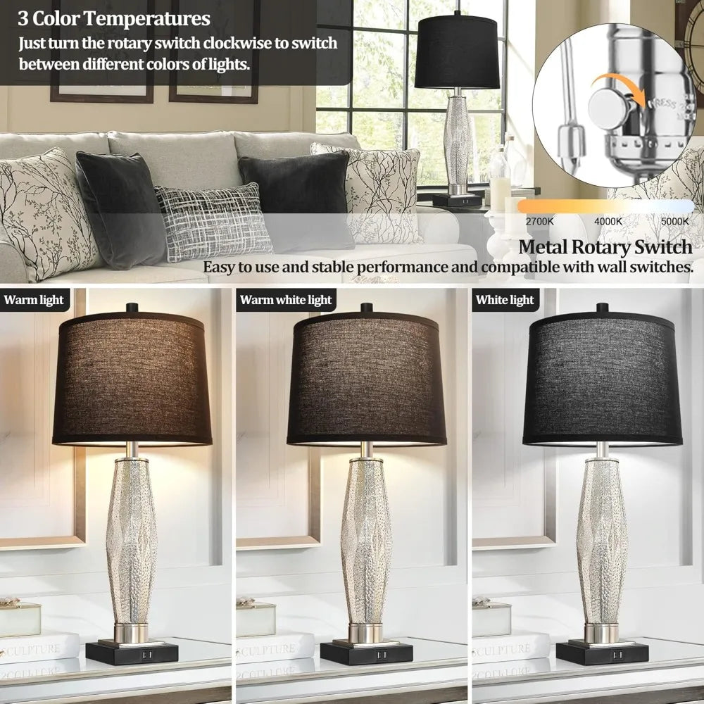 QiMH Table Lamps Set of 2, Bedroom Lamp with USB A+C Charging Ports, Modern Glass Beside Lamps for Living Room Rotary Switches,