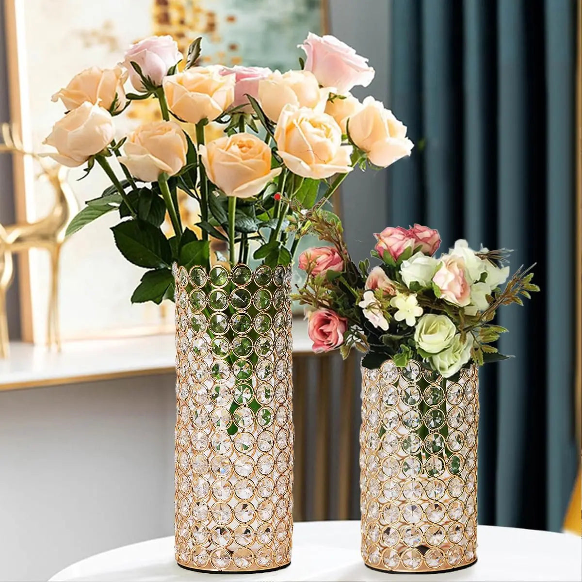 Gold Cylinder Crystal Candle Holders Hollow Flower Vase Centerpieces for Dinning Room Coffee Table Decoration Wedding