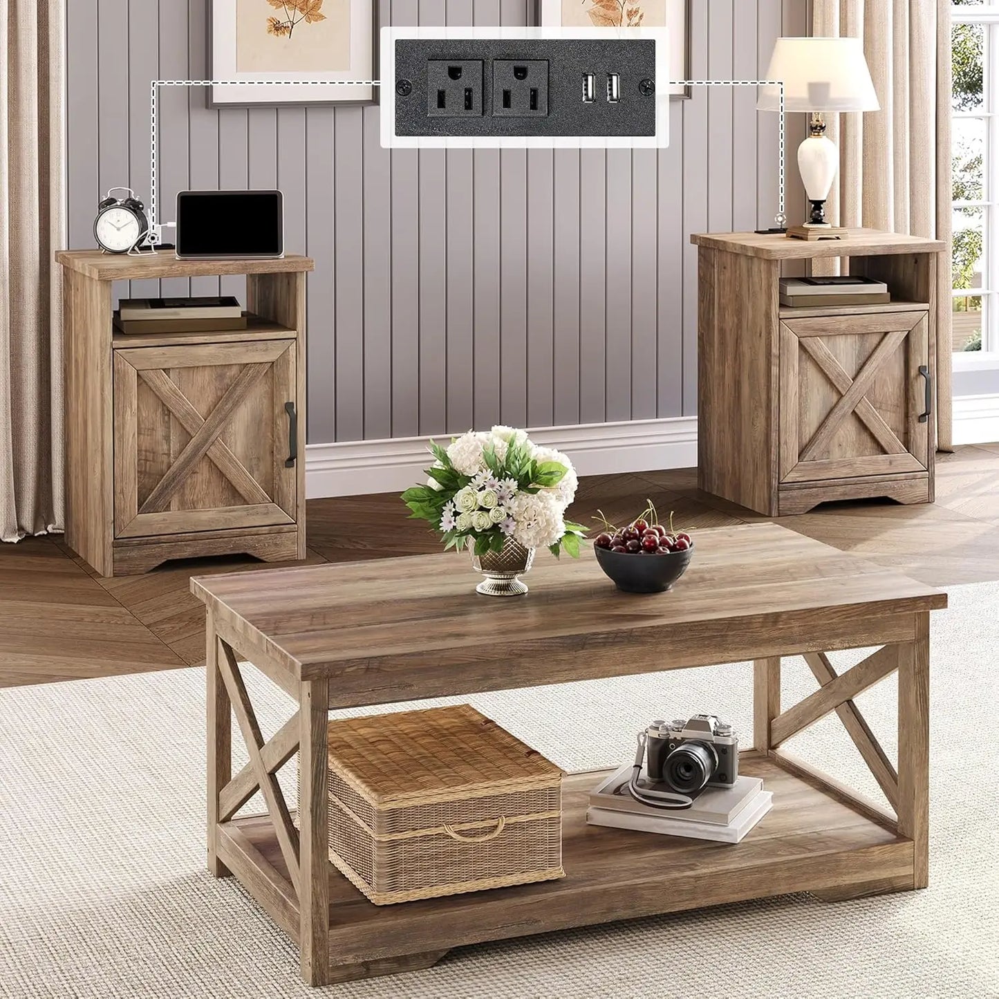 3-Piece Farmhouse Living Room Table Sets, Includes 1 x Coffee Table, 2 x End Tables with Charging Station & USB Ports
