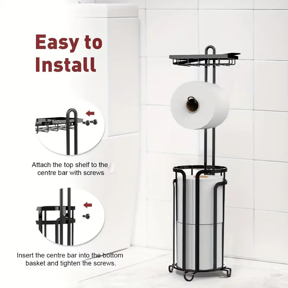 Toilet Paper Holder Stand Tissue Paper Roll Dispenser with Shelf for Bathroom Storage Holds Reserve -Black