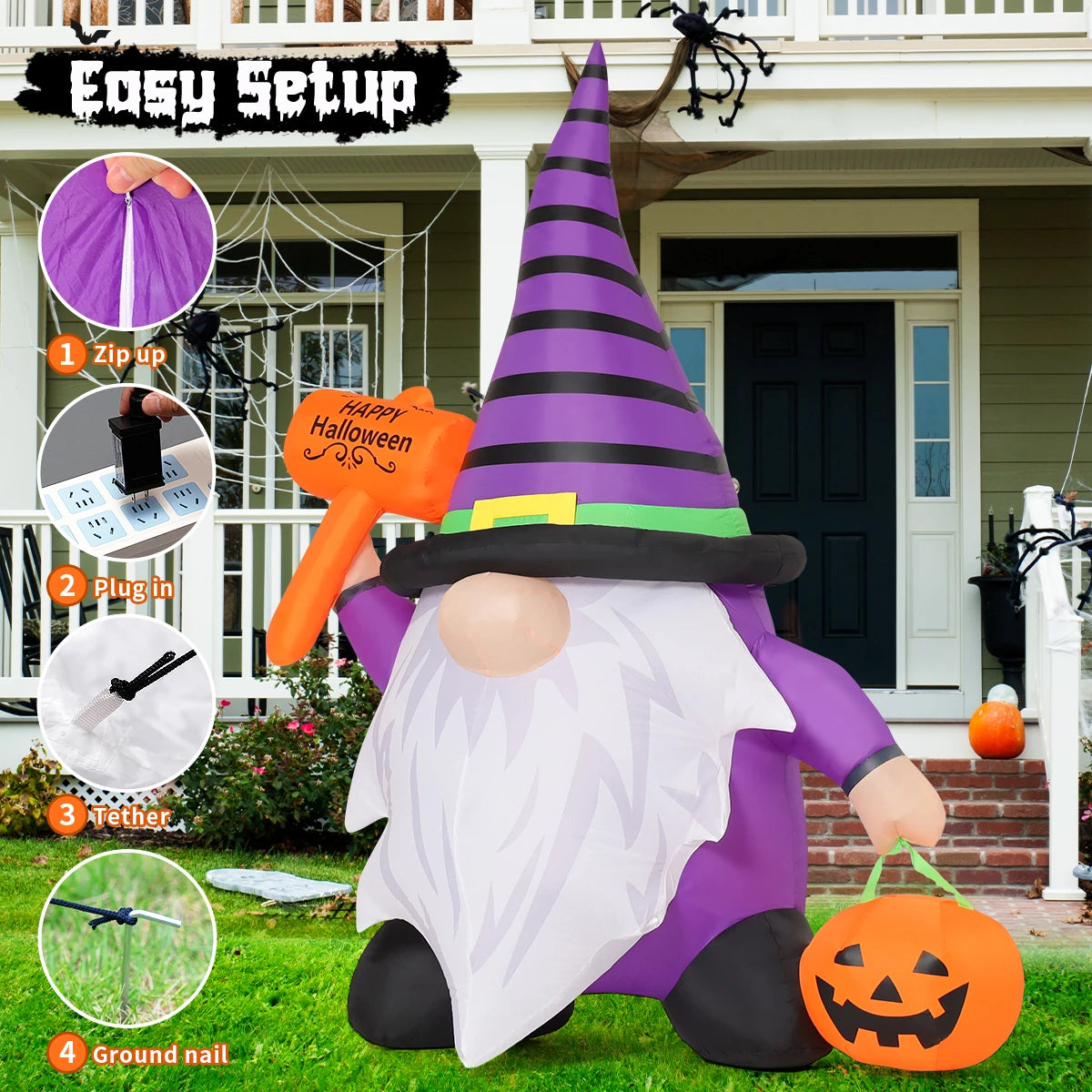 Halloween Gnome Inflatables Outdoor Decorations, Halloween Gnome Blow Up Yard Decorations Built-in LED Lights for Hallowe