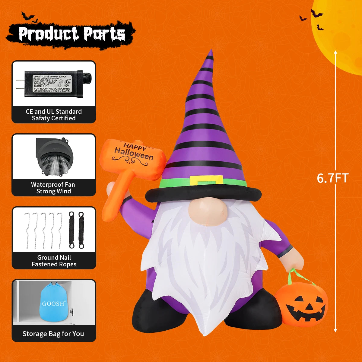 Halloween Gnome Inflatables Outdoor Decorations, Halloween Gnome Blow Up Yard Decorations Built-in LED Lights for Hallowe