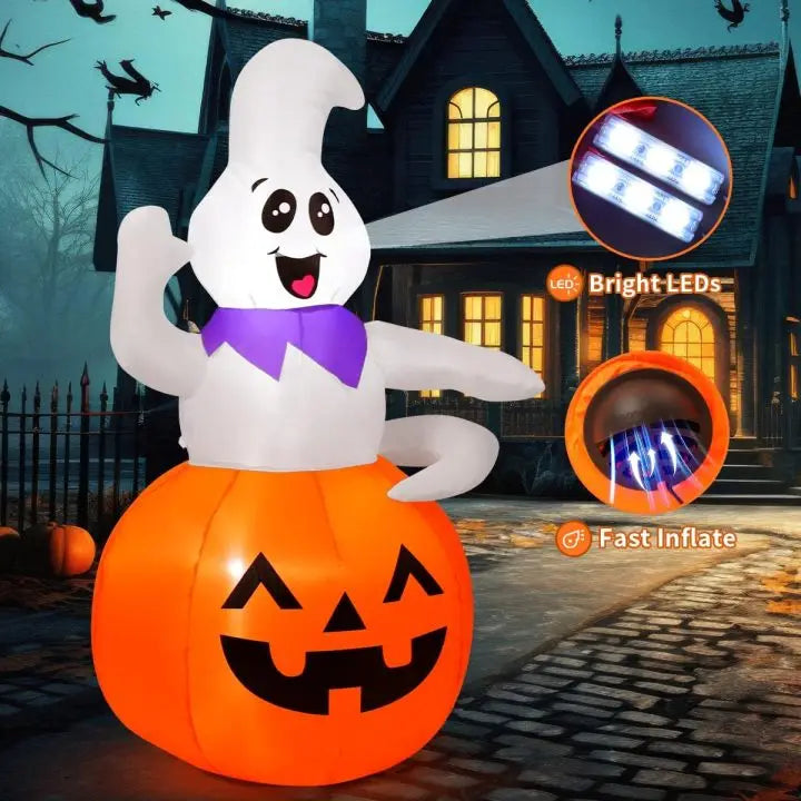 Goosh Inflatables 5FT Friendly Ghost Halloween Inflatable with Pumpkin Base