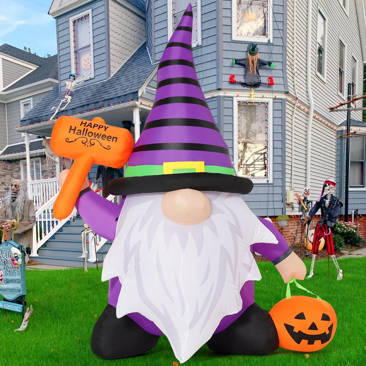 Halloween Gnome Inflatables Outdoor Decorations, Halloween Gnome Blow Up Yard Decorations Built-in LED Lights for Hallowe