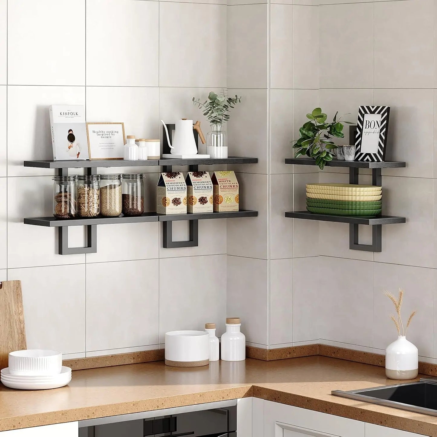 Floating Shelves, 15 Inch Wall Shelf Set of 3, Wall Mounted Storage Shelves 2-Tier, Hanging Bathroom Shelves, for Living Room