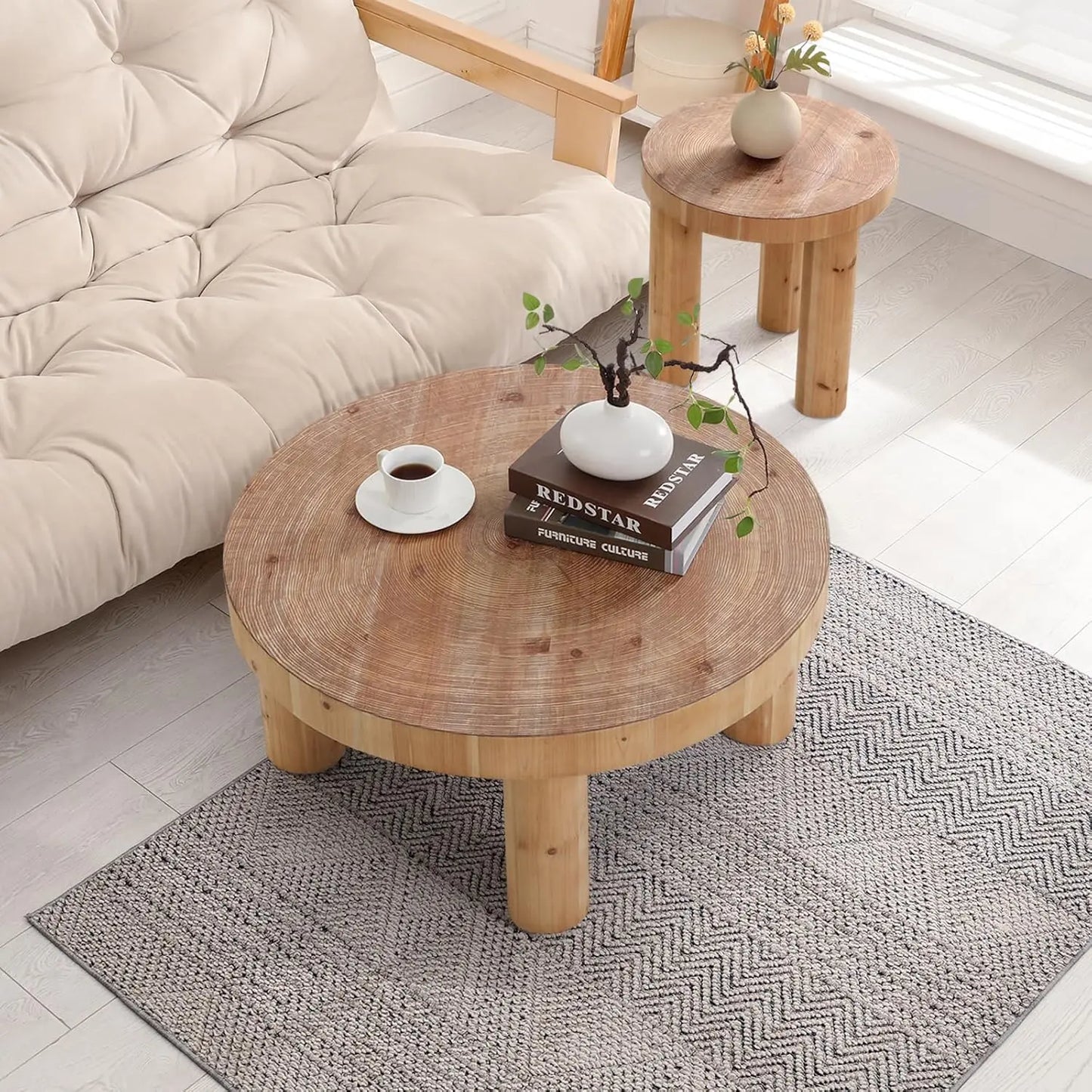 2-Piece Round Farmhouse Coffee Table, Rustic Coffee Table Sets, Circle Wooden Ring Finish with Solid Wood Legs,Center Tables Set