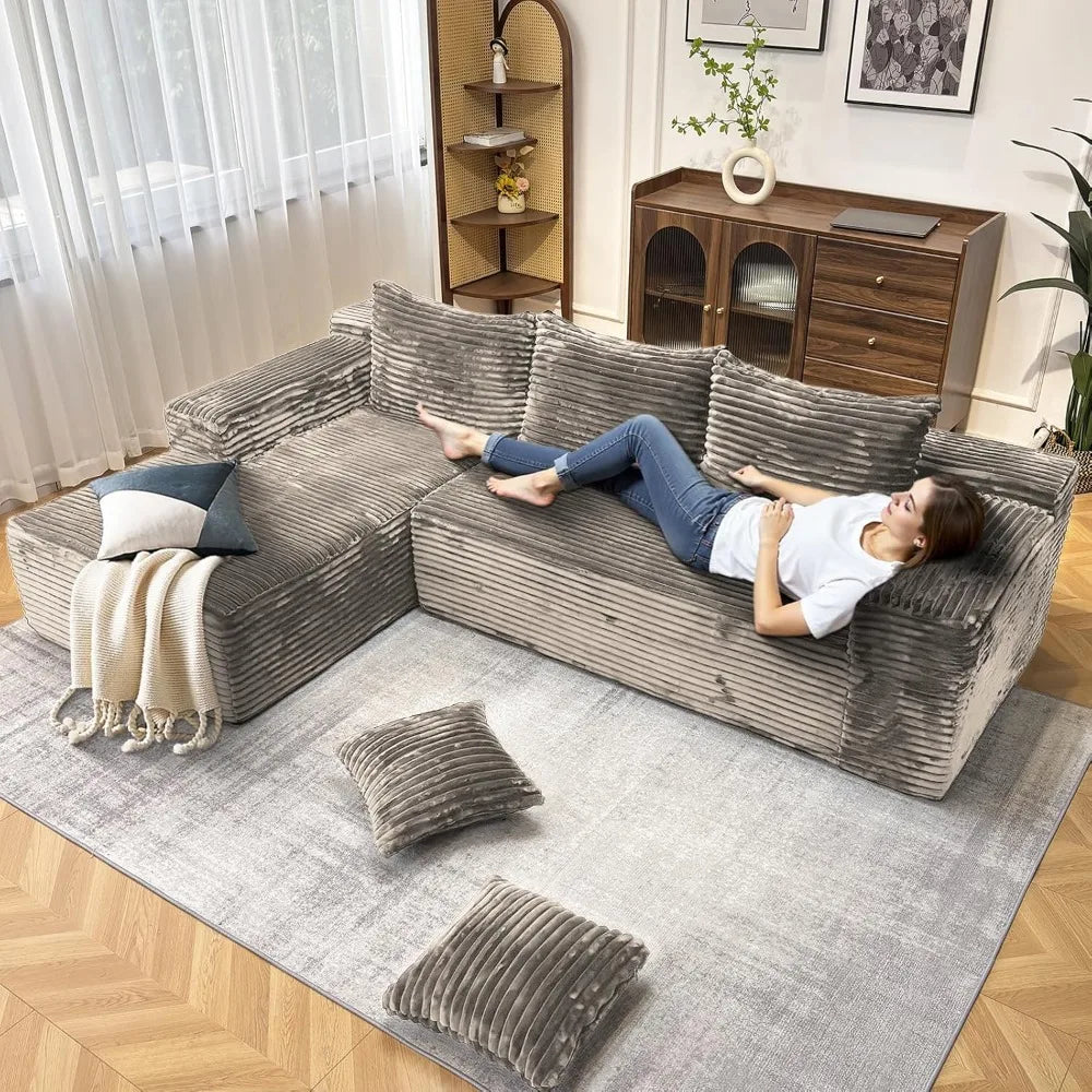 104" Modern Modular L-Shape Sofa Couch with Chaise Light Faux Rabbit Fur Cloud Sectional Couch with Deep Seat Modular