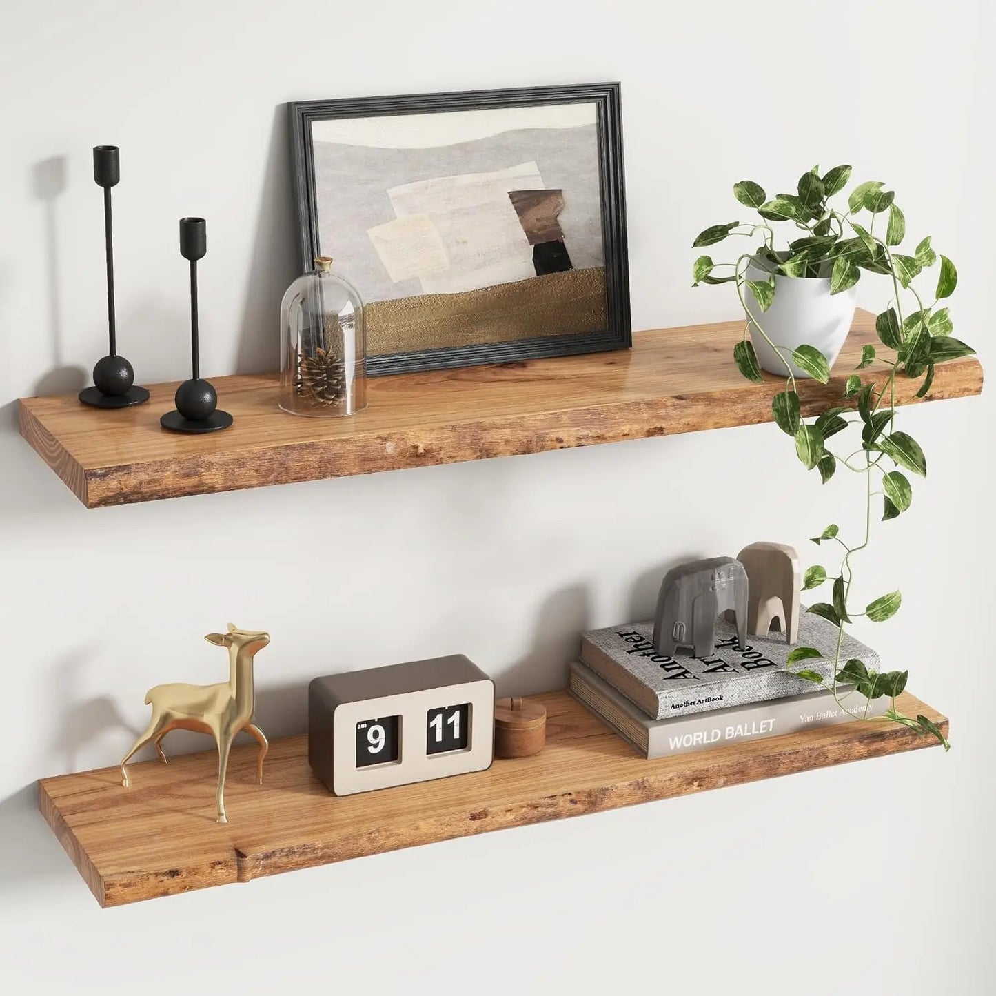Rustic Elm Wood Floating Shelves for Wall, Live Edge 36"W x 9.2"D x 1.4"H, Set of 2 with Invisible Bracket, Wall Mounted Storage