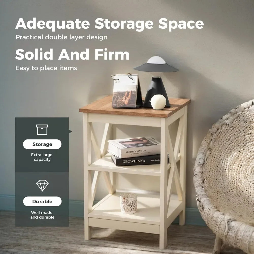 End Tables Living Room Set of 2, Farmhouse Small Side Table 3-Tier Modern Bed Side Table Nightstands for Bedroom, Ivory White