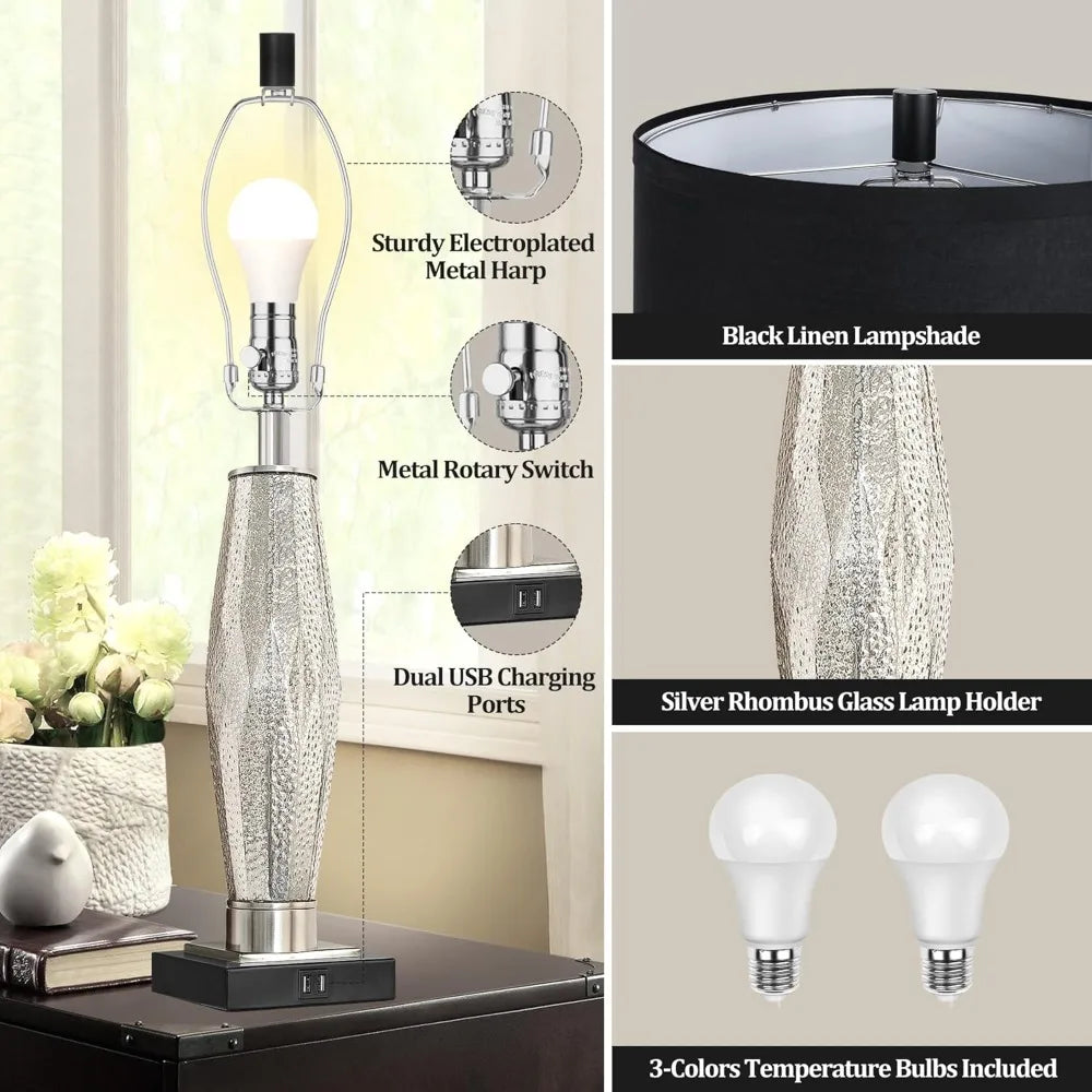 QiMH Table Lamps Set of 2, Bedroom Lamp with USB A+C Charging Ports, Modern Glass Beside Lamps for Living Room Rotary Switches,