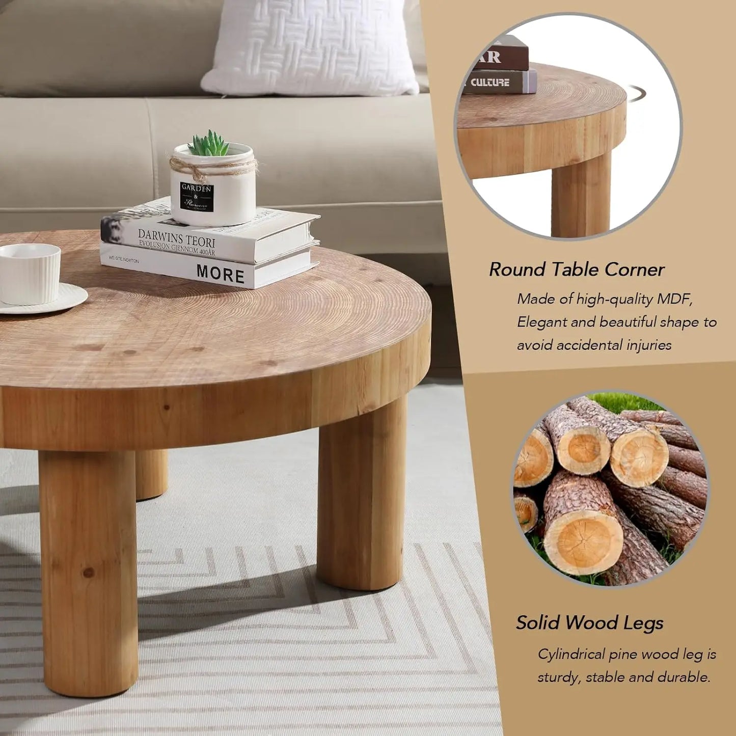 2-Piece Round Farmhouse Coffee Table, Rustic Coffee Table Sets, Circle Wooden Ring Finish with Solid Wood Legs,Center Tables Set