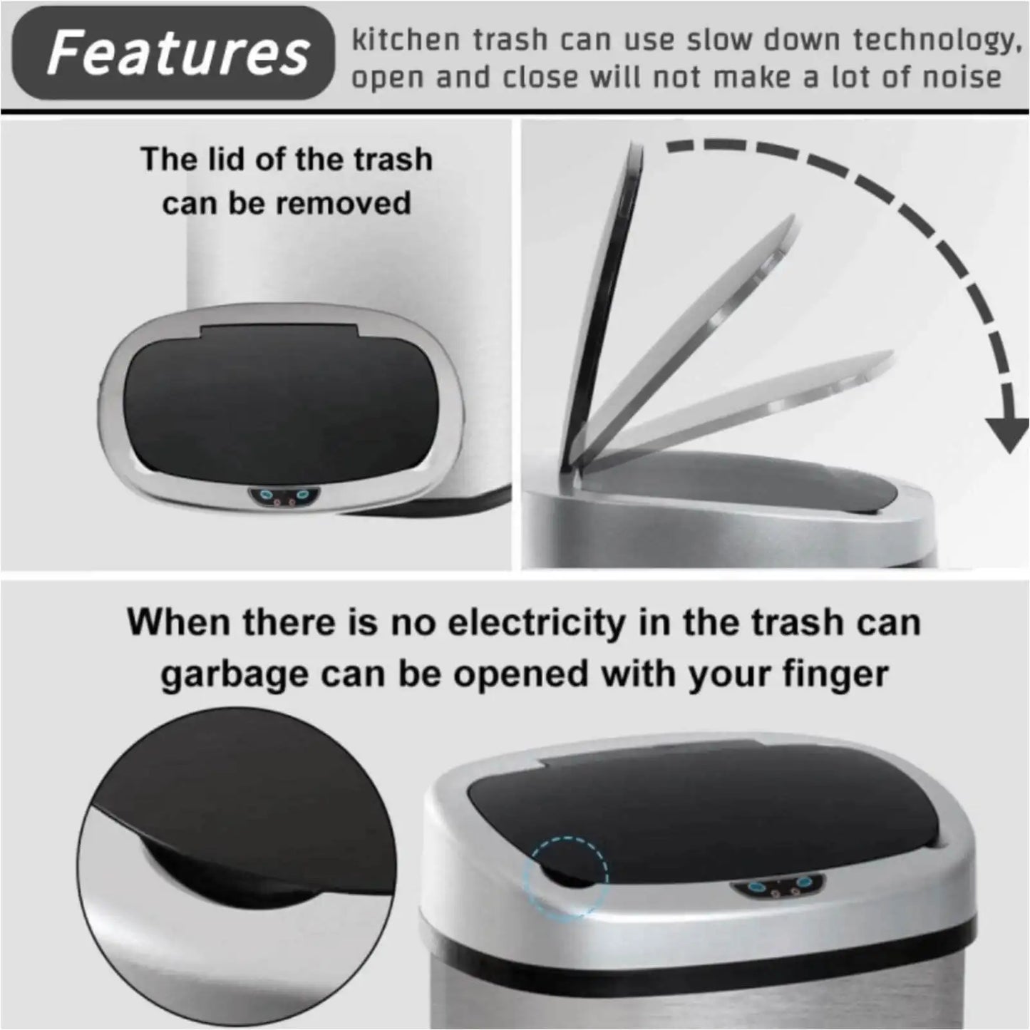 Kitchen Trash Can with Lid, 13 Gallon Automatic Stainless Steel Garbage Can with Touch-Free & Motion Sensor