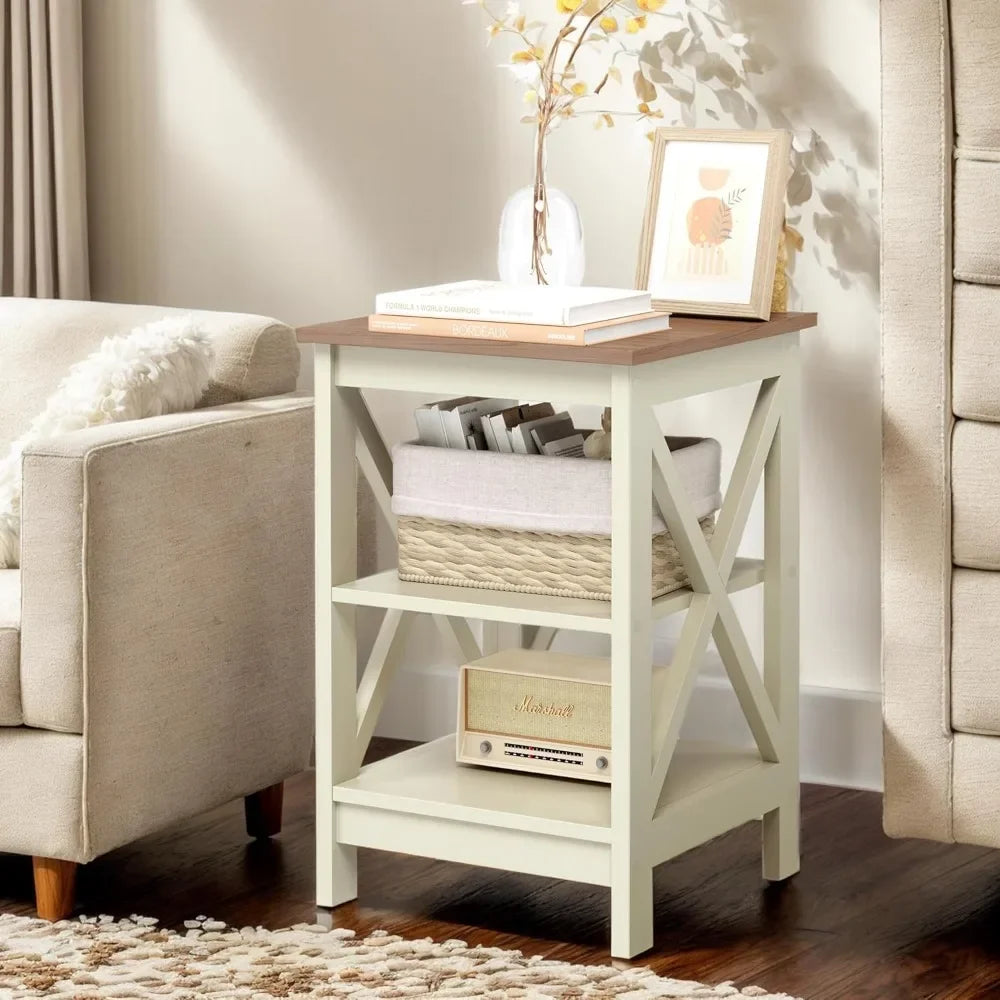 End Tables Living Room Set of 2, Farmhouse Small Side Table 3-Tier Modern Bed Side Table Nightstands for Bedroom, Ivory White
