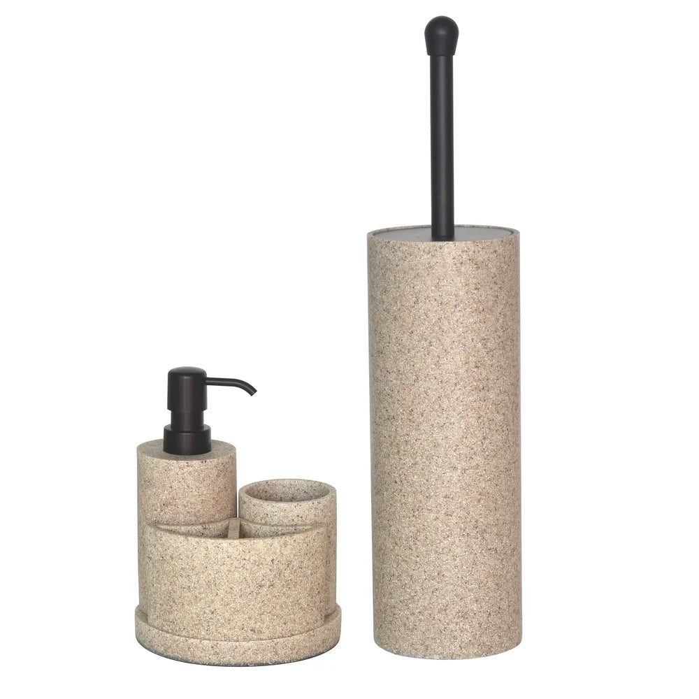 3 Piece Sandstone Bath Accessory Set Soap Pump Toothbrush Holder Tumbler Durable Resin Bathroom Organizer Essential Home Decor
