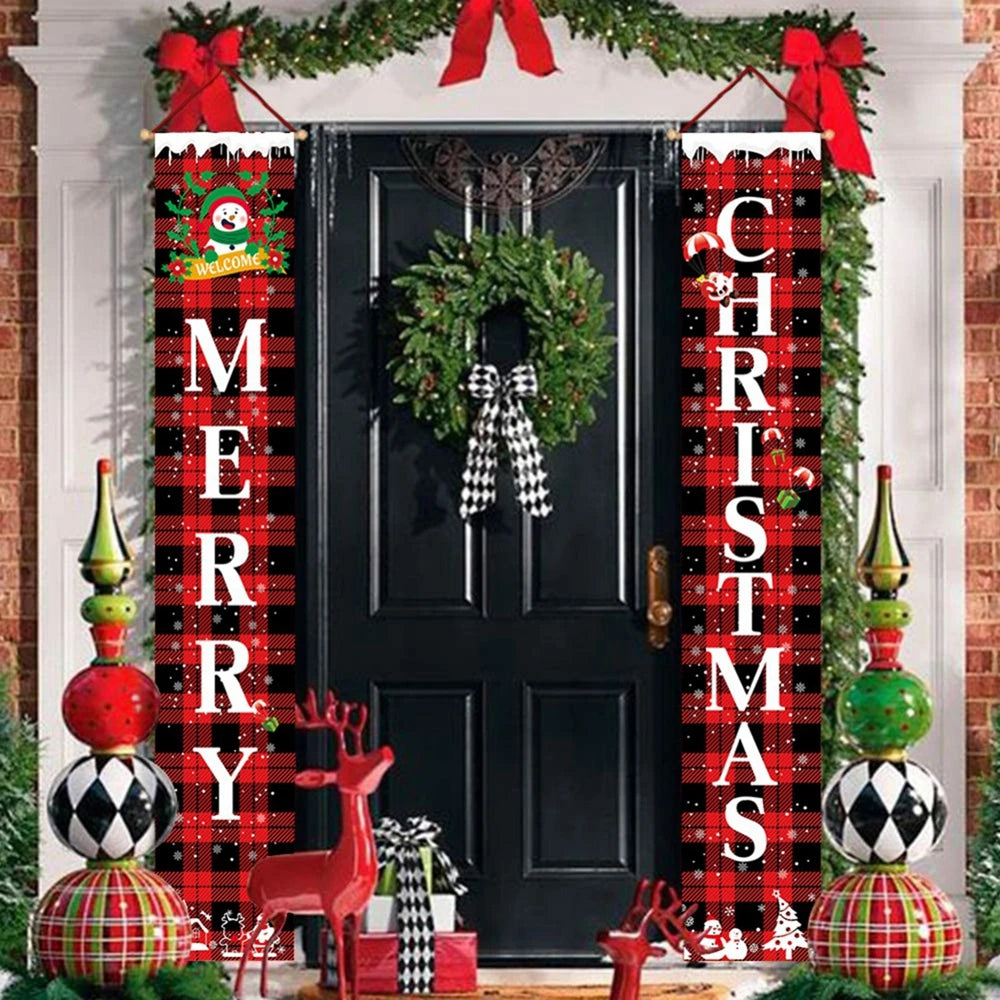 Christmas Decorations Outdoor Yard Front Porch Sign Set Red Black Buffalo Plaid Door Banner Hanging Merry Christmas Decorations