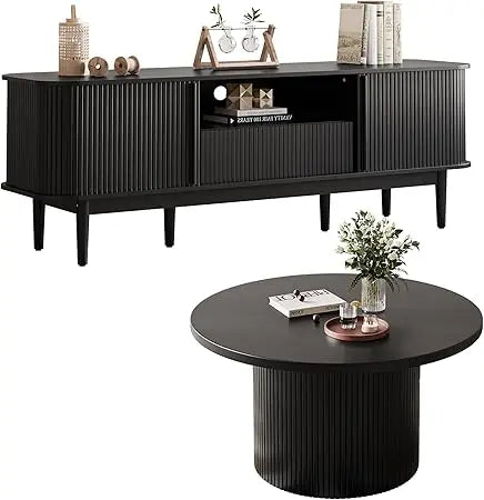 Living Room Table Sets of 2, Fluted Coffee Table & Dresser TV Stand, Coffee Table with Storage, Sliding Doors TV Stand for Bedro