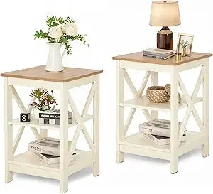 End Tables Living Room Set of 2, Farmhouse Small Side Table 3-Tier Modern Bed Side Table Nightstands for Bedroom, Ivory White