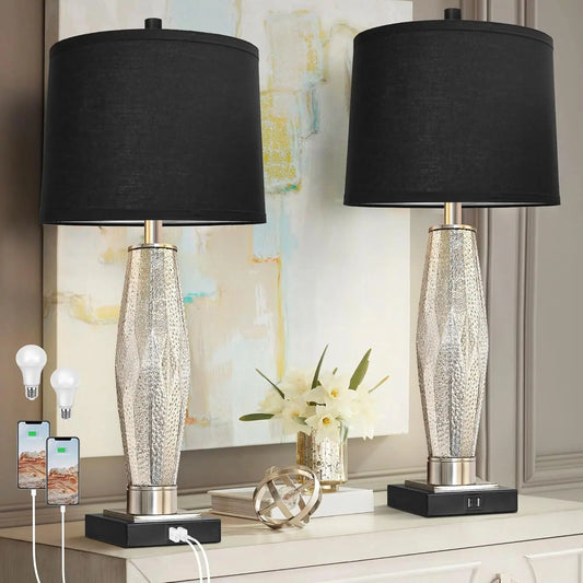 QiMH Table Lamps Set of 2, Bedroom Lamp with USB A+C Charging Ports, Modern Glass Beside Lamps for Living Room Rotary Switches,