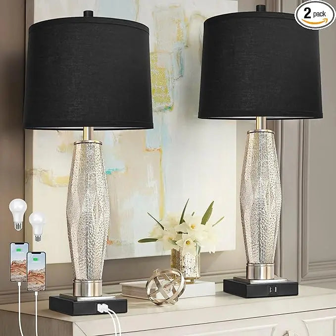 QiMH Table Lamps Set of 2, Bedroom Lamp with USB A+C Charging Ports, Modern Glass Beside Lamps for Living Room Rotary Switches,