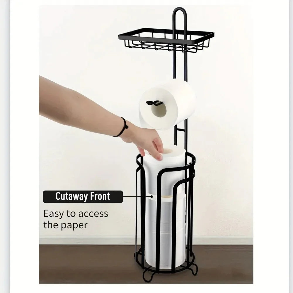 Toilet Paper Holder Stand Tissue Paper Roll Dispenser with Shelf for Bathroom Storage Holds Reserve -Black