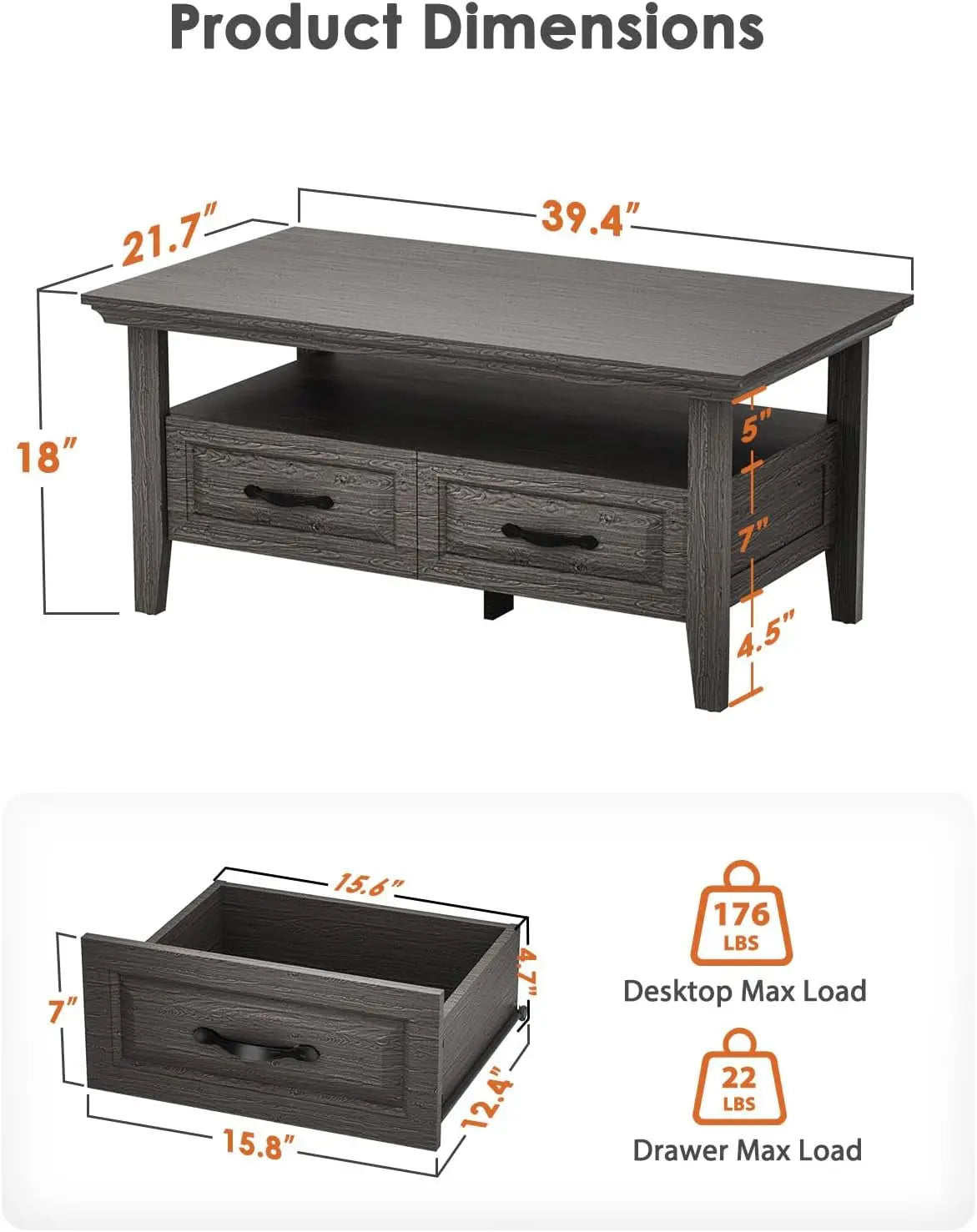 Coffee Table with Drawers, 39.4" Farmhouse Wood Coffee Table for Living Room, Featuring Open Display Shelf, Hidden Drawers, Grey