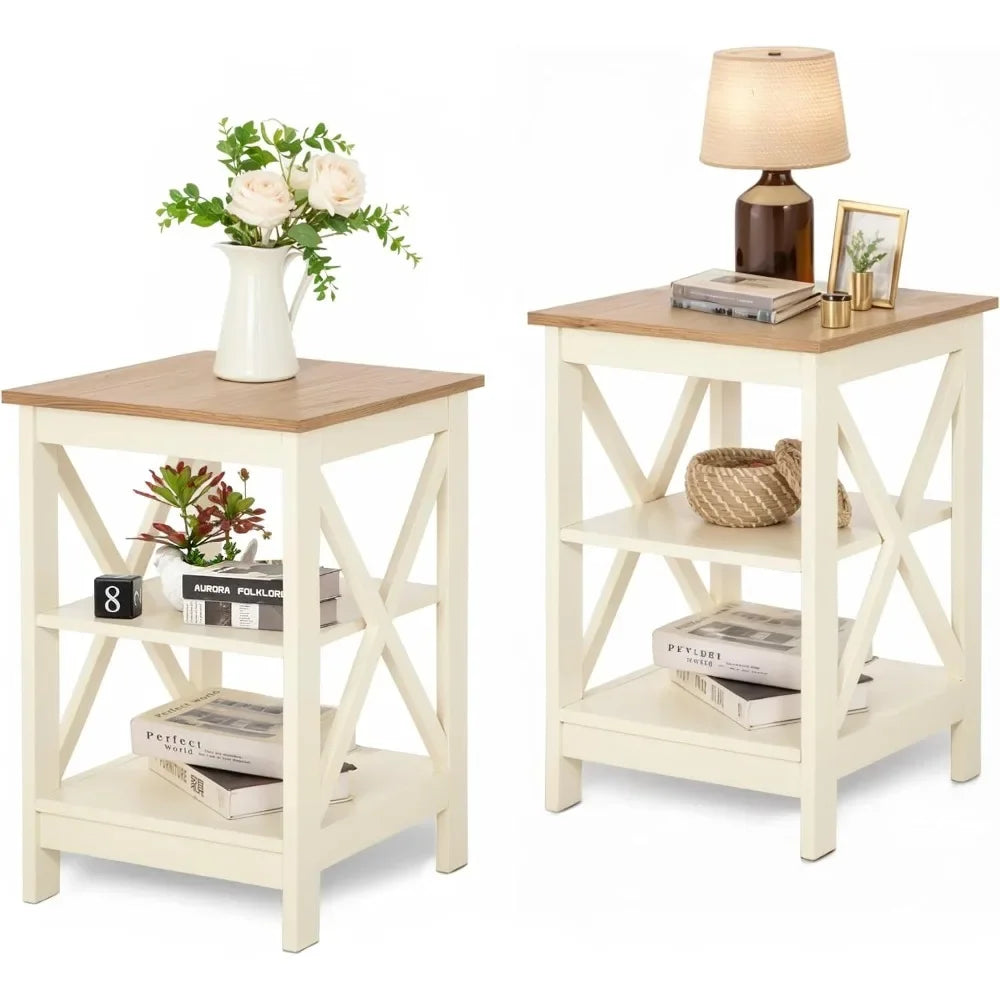 End Tables Living Room Set of 2, Farmhouse Small Side Table 3-Tier Modern Bed Side Table Nightstands for Bedroom, Ivory White