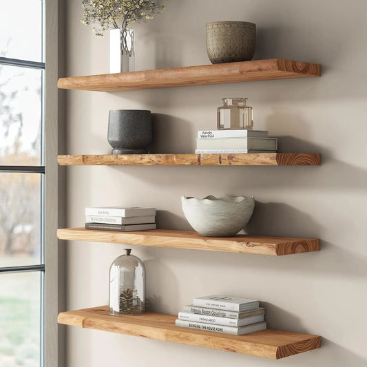 Rustic Elm Wood Floating Shelves for Wall, Live Edge 36"W x 9.2"D x 1.4"H, Set of 2 with Invisible Bracket, Wall Mounted Storage