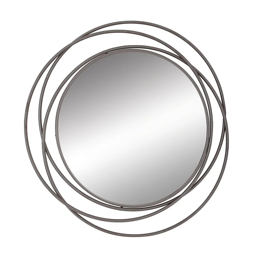 Gray Metal Wall Mirror Overlapping Rings Unique Design Reflective Glass Modern Home Decor Indoor Use Entryway Accent Piece