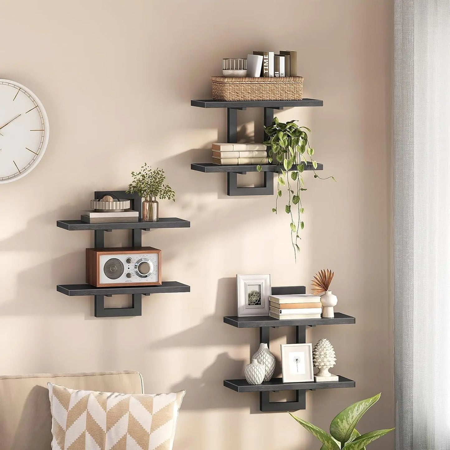 Floating Shelves, 15 Inch Wall Shelf Set of 3, Wall Mounted Storage Shelves 2-Tier, Hanging Bathroom Shelves, for Living Room